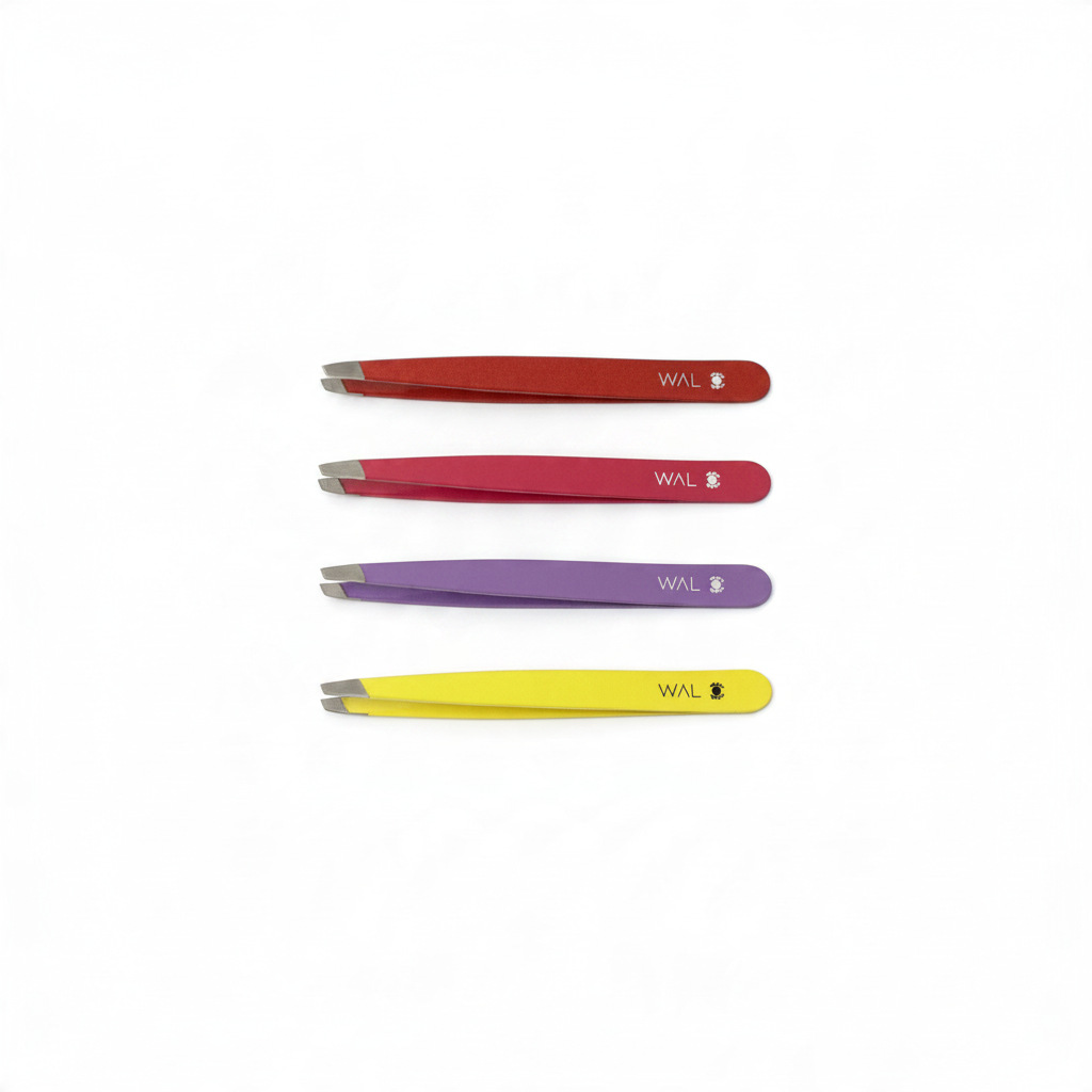 Set di quattro pinzette Teriam Service in acciaio inossidabile con punta obliqua in rosso, fucsia, viola e giallo