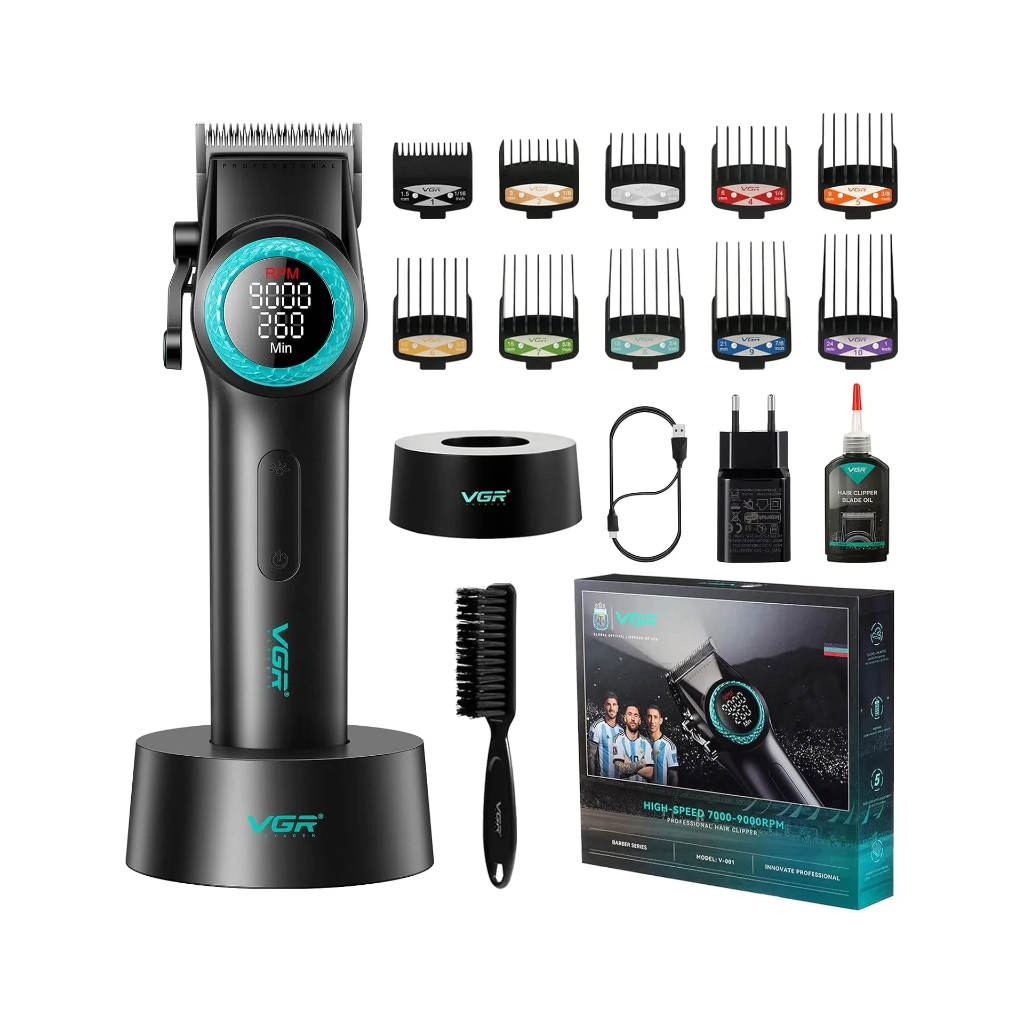 Tosatrice professionale Teriam Service VGR V-001 nera con display LED, base di ricarica, pettini e accessori inclusi